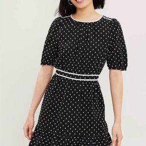 LOFT Black Polka Dot Puff Sleeve Midi Dress with White Trim